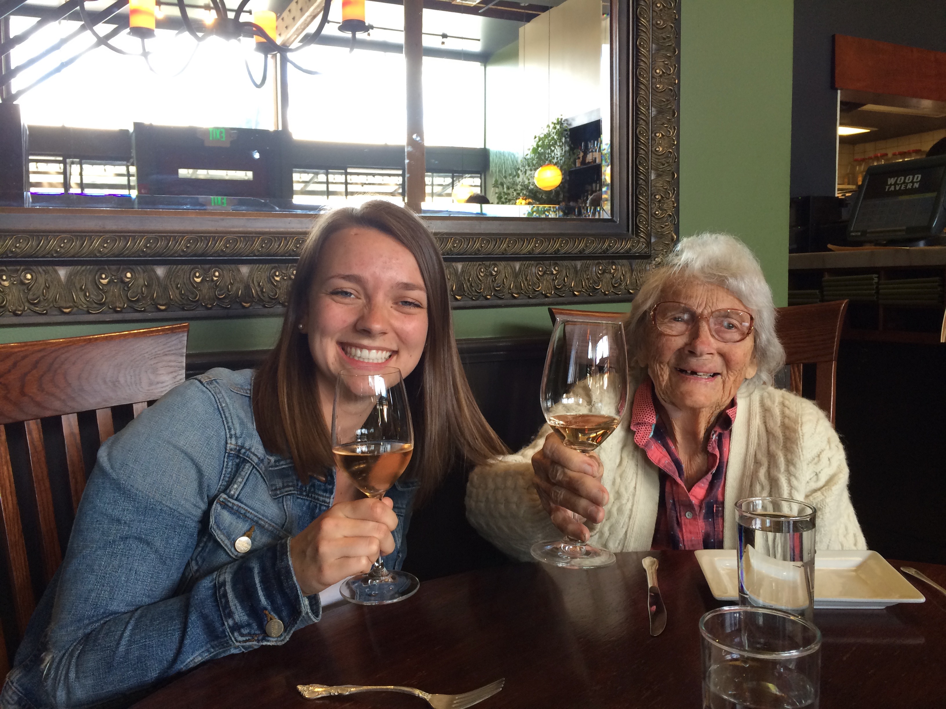 22-year-old grandaughter Megan with almost 99-year-old Rhoda at the Wood Tavern in North Oakland, April 2016