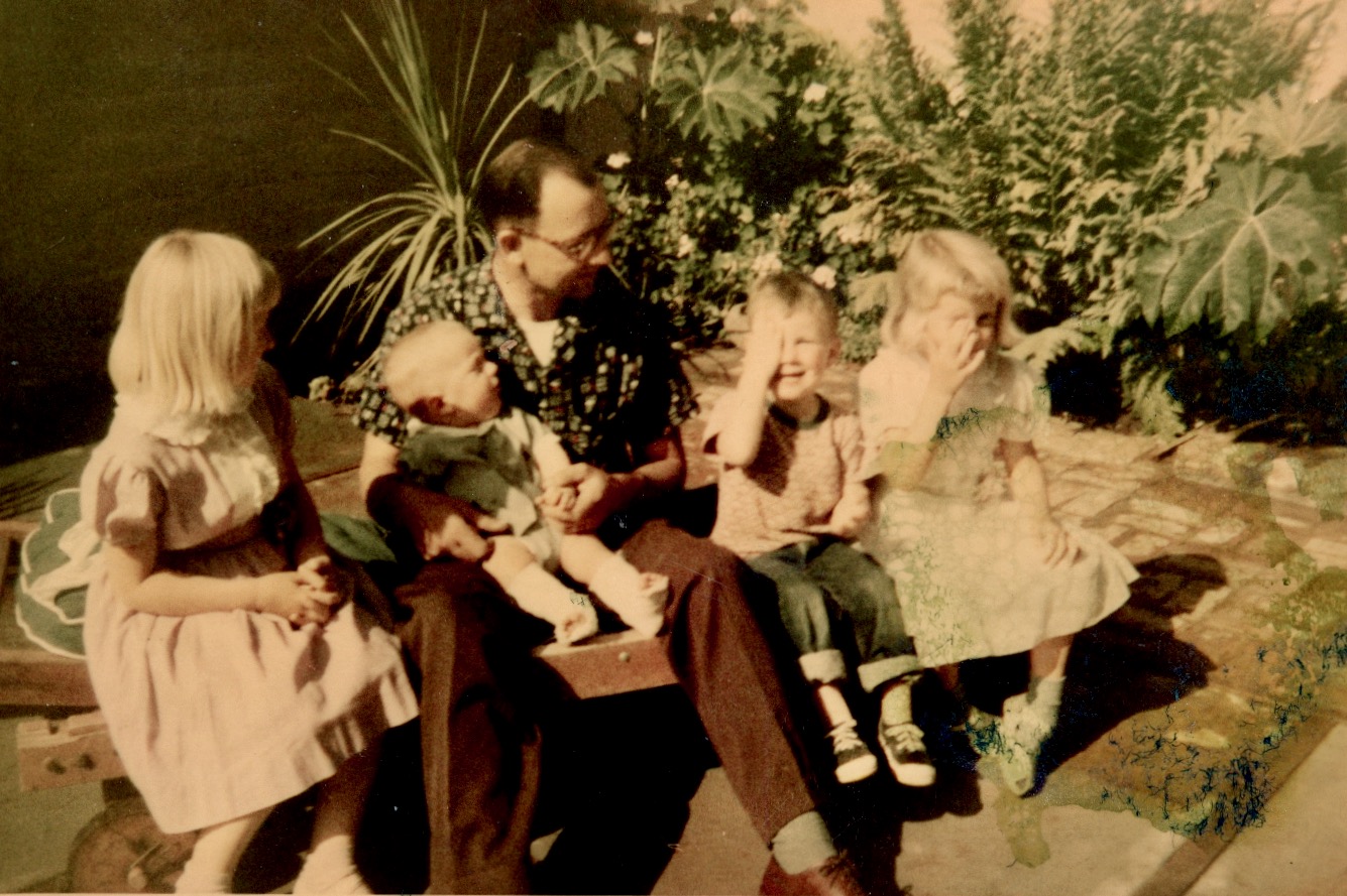 Karen, Kent, Bernie, Michael, Susan on patio at Los Gatos Home, November, 1953